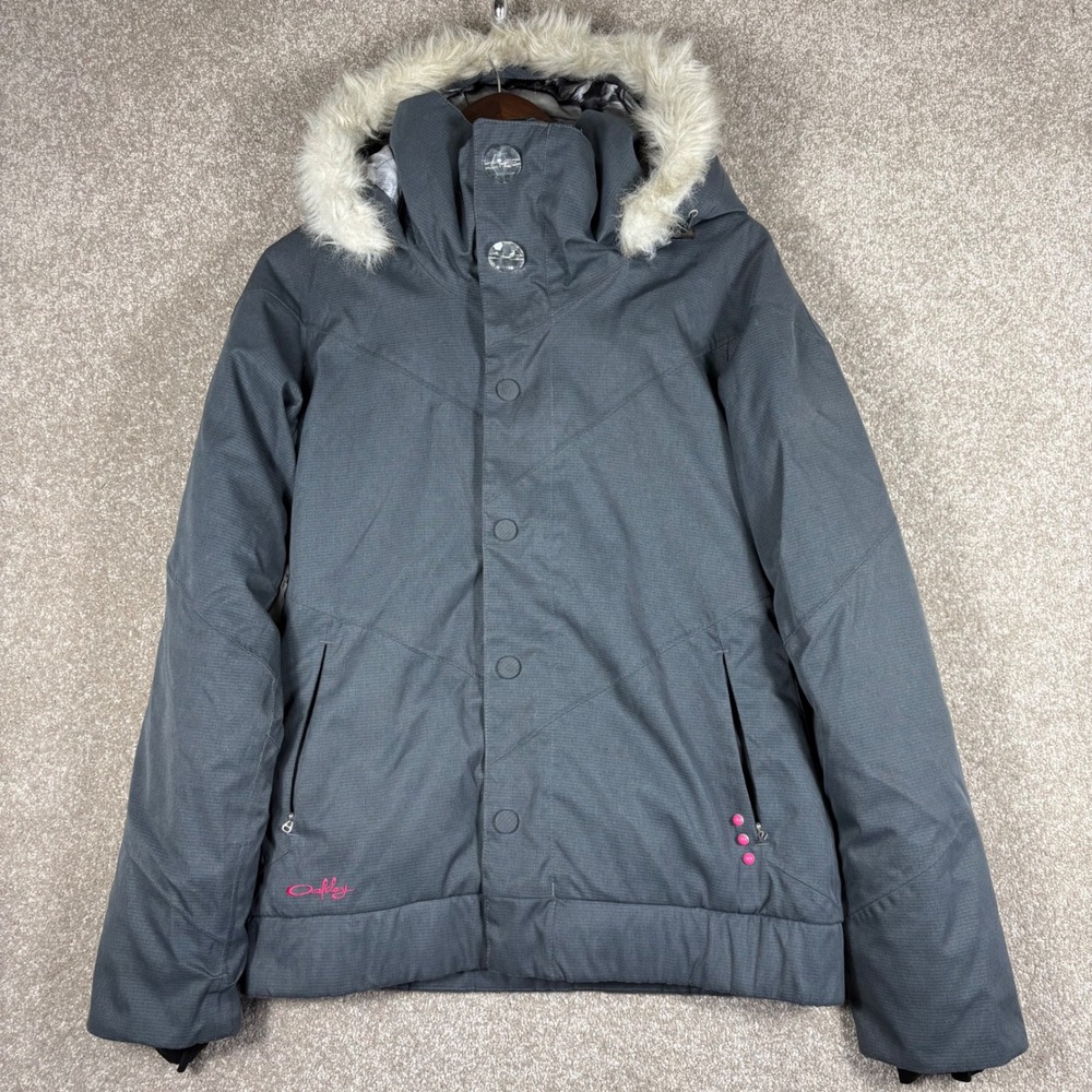 Oakley Gretchen Bleiler Signature Series Ski Jacket Gray Faux Fur Hood Womens S